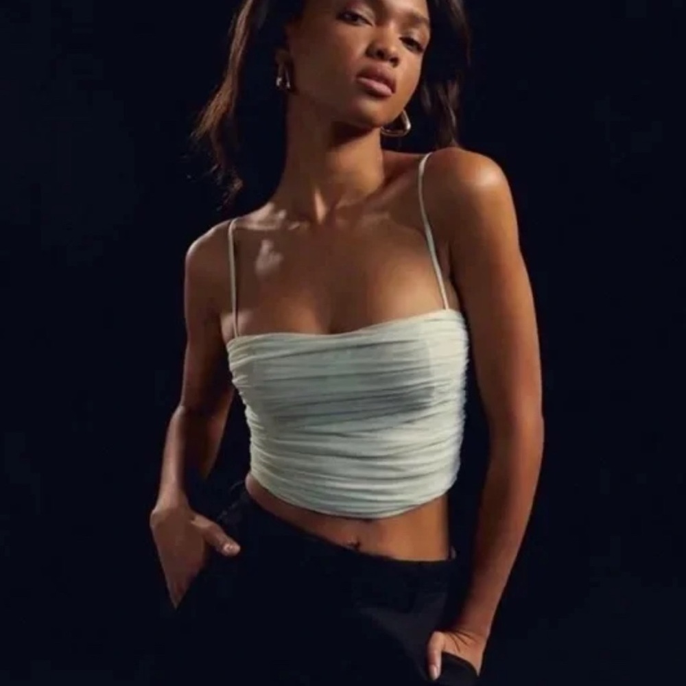 Babaton Light Sage Ruched Spaghetti Strap Crop Top